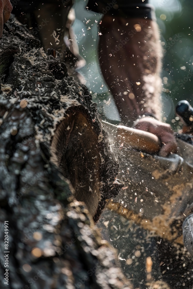 Poster a person using a chainsaw to cut down a tree. suitable for forestry or lumber industry concepts
