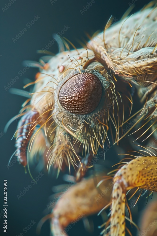 Poster detailed close-up view of a bug's face, suitable for science or nature publications