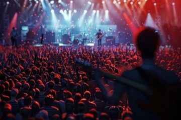 A man playing a guitar in front of a crowd. Suitable for music event promotions