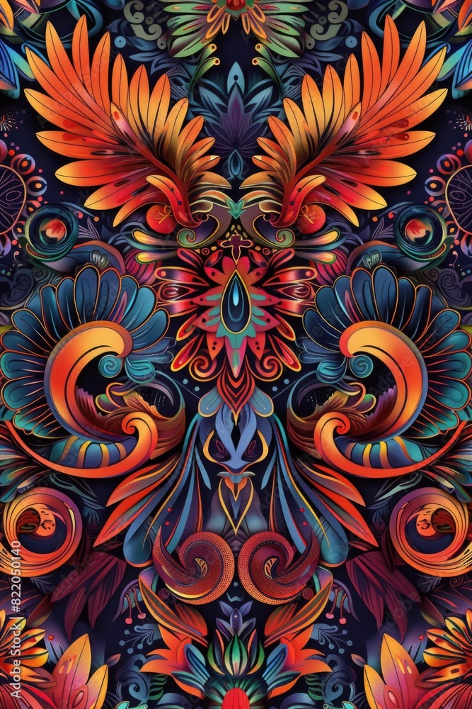 Poster A vibrant pattern of flowers and leaves on a dark background. Perfect for adding a pop of color to any project