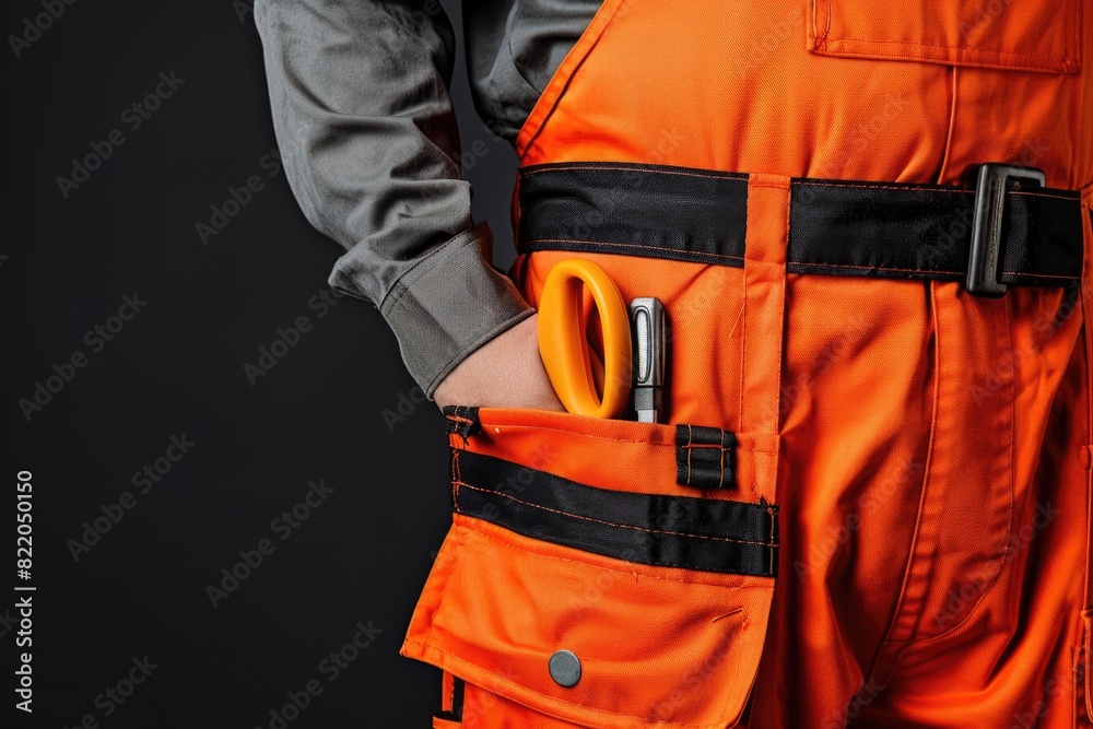 Poster a man in an orange overall holding a pair of scissors. suitable for construction and diy projects
