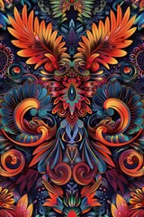 A vibrant pattern of flowers and leaves on a dark background. Perfect for adding a pop of color to any project