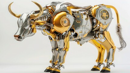 Golden and silver buffalo robot on white