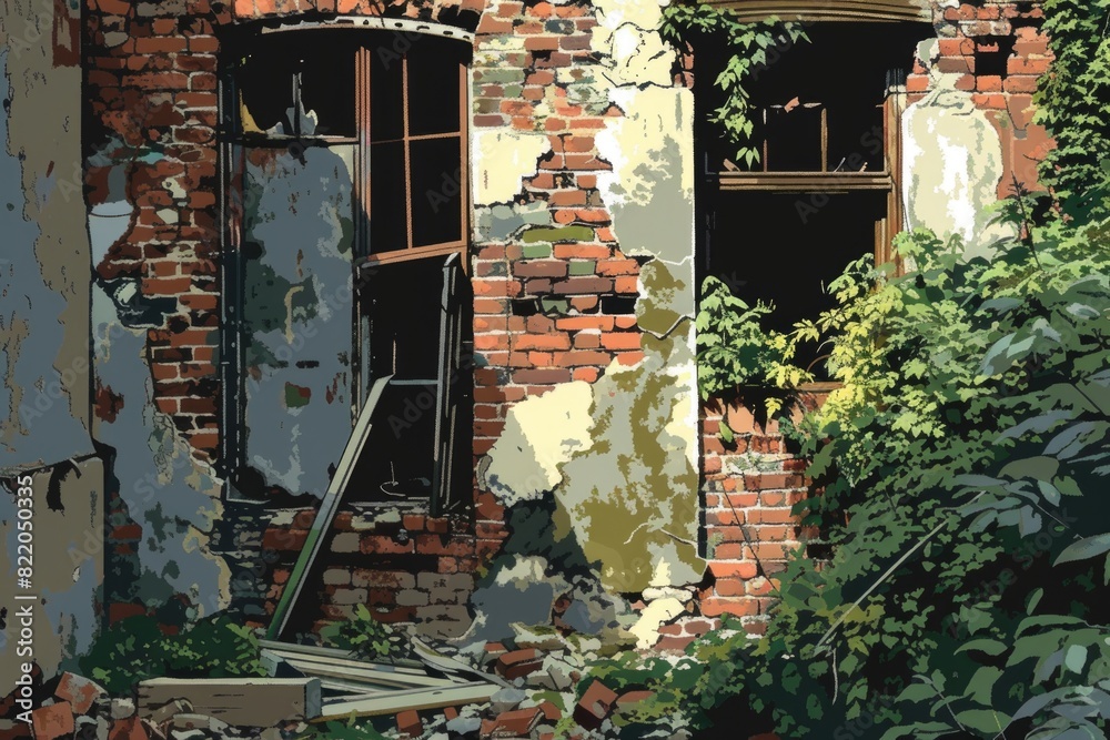 Poster a painting of a brick building with a broken window. suitable for urban themes