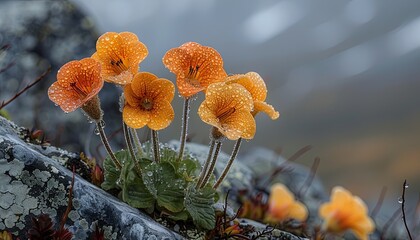 Close-up of vibrant orange flowers covered in dew, growing on a rocky surface, showcasing the beauty of nature in detail.