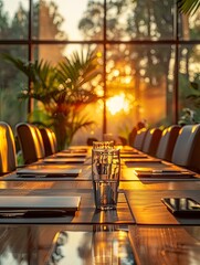 Sunlit conference room with a long table set for a meeting, featuring glasses of water and notepads, bathed in warm sunset light.