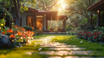 Cozy patio in a beautiful garden with sunlight filtering through trees, surrounded by vibrant flowers and lush greenery.