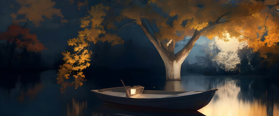 In the stillness of an autumn night, a lone boat rests on tranquil waters beside a majestic tree.