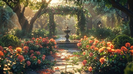 Enchanting garden with vibrant flowers, a stone pathway, and a beautiful fountain under dappled sunlight, creating a serene atmosphere.