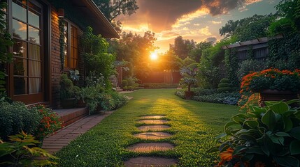 Serene backyard garden at sunset with vibrant flowers, lush greenery, and a stone pathway leading to the horizon.