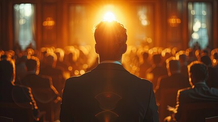 A speaker addressing a captivated audience at a sunrise conference, bathed in warm golden light, creating an inspiring and motivational atmosphere.