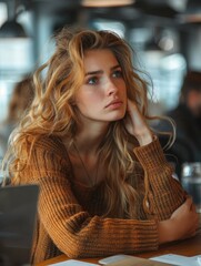 Thoughtful young woman with wavy blonde hair and blue eyes, wearing a cozy sweater, gazing off in a contemplative mood indoors.