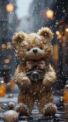 A charming teddy bear holding a camera in a festive, snowy urban setting with glowing lights and falling snowflakes.
