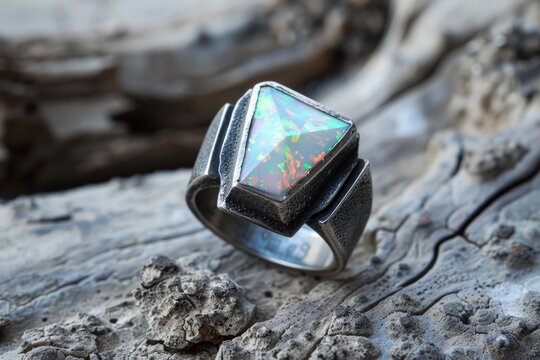 Opalite ring on a rustic wooden surface. Ideal for jewelry or natural stone concepts