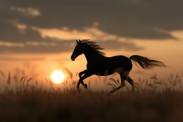 Majestic horse running through a field at sunset. Suitable for nature and animal themes