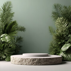 Podium background product green nature 3D forest stand white plant. Cosmetic background product podium display wood jungle studio garden beauty platform presentation mockup pedestal stone tropical