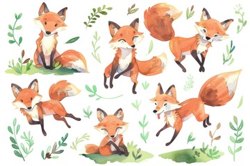 Fototapeta premium A collection of watercolor foxes in various poses. Perfect for nature-themed designs
