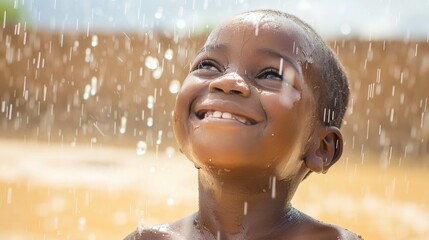 African child smiling joyfully as rain falls, capturing a moment of pure happiness and innocence