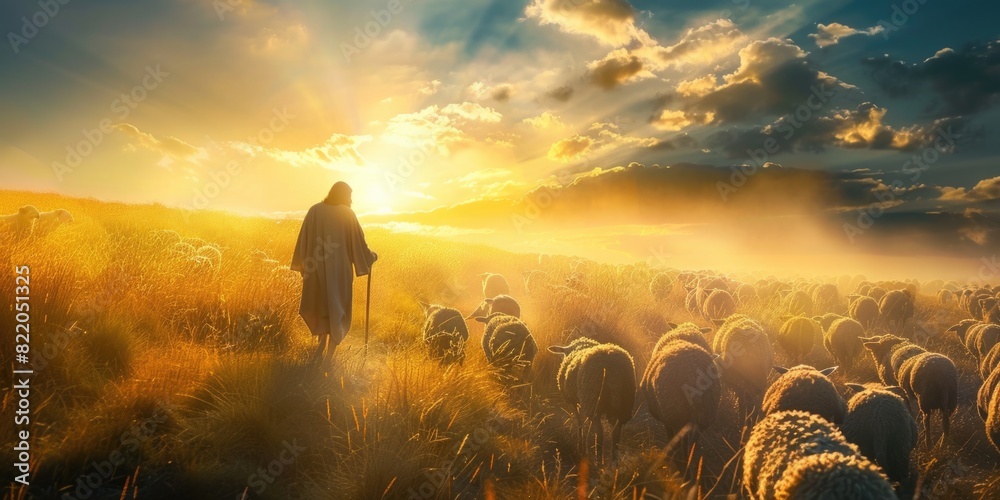 Poster a man standing in a field surrounded by a herd of sheep. suitable for agricultural and rural lifesty