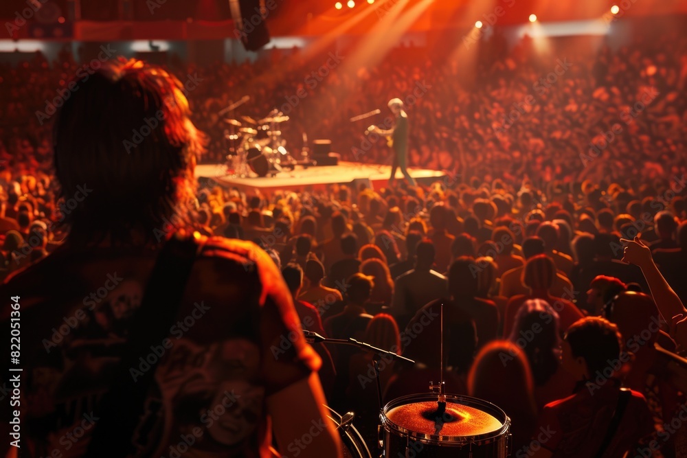 Poster A man standing in front of a drum on a stage. Suitable for music events promotion
