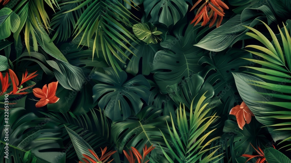 Wall mural Bold tropical pattern background with lush greenery and exotic motifs, reminiscent of a tropical paradise. - Wall murals