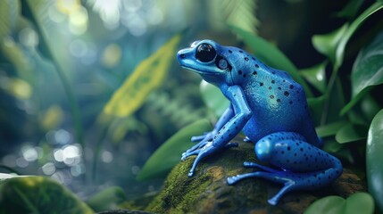 Obraz premium A blue frog perched on a tree branch. Suitable for nature and wildlife themes
