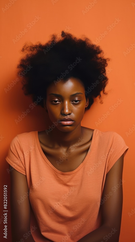 Wall mural Coral background sad black independent powerful Woman. Portrait of young beautiful bad mood expression girl Isolated on Background racism skin color depression anxiety  - Wall murals
