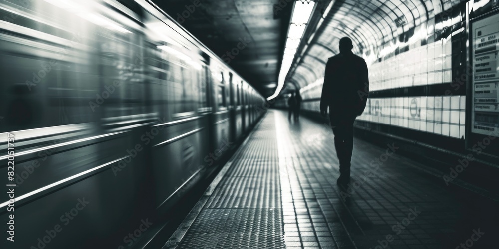 Poster a man walking down a subway platform. suitable for transportation concepts