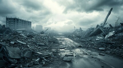 A desolate urban scene under a dramatic stormy sky, showcasing ruins and debris strewn across a wide street leading to shattered buildings.