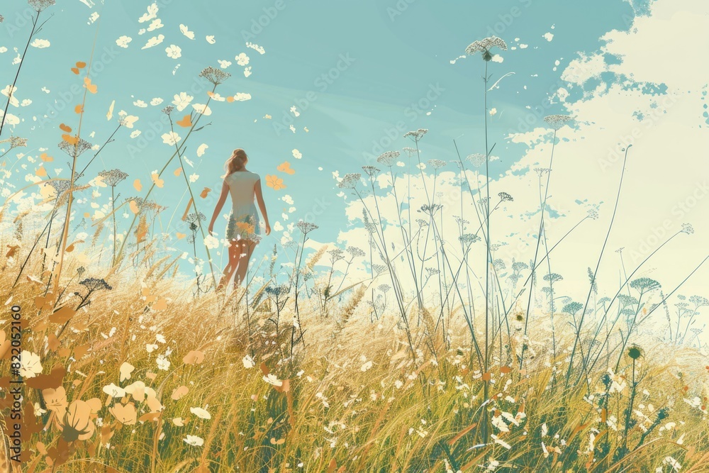 Wall mural Person standing in a field of flowers, suitable for nature or relaxation concepts