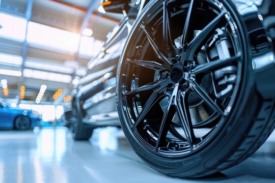 Detailed view of a car tire in a garage, ideal for automotive industry