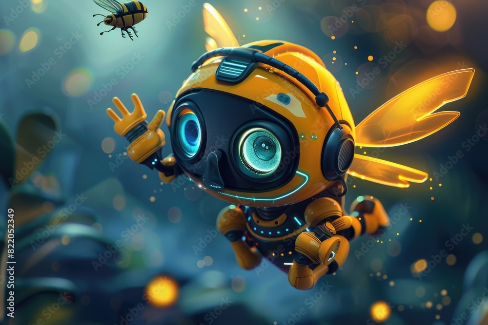 Poster a yellow and black robot flying through the air. suitable for technology and futuristic concepts