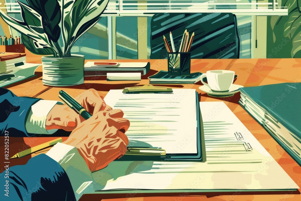 Poster a man in a suit writing on a piece of paper. suitable for business and office concepts