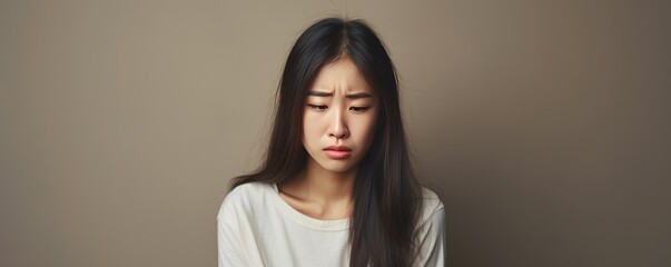 Cream background sad Asian Woman Portrait of young beautiful bad mood expression Woman Isolated on Background depression anxiety fear burn out health issue problem 