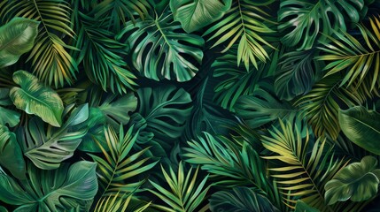 Bold tropical pattern background with lush greenery and exotic motifs, reminiscent of a tropical paradise.