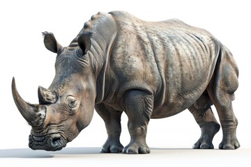 Obraz premium Powerful rhinoceros standing on a white background. Perfect for wildlife and conservation projects