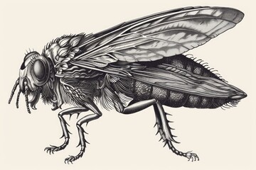 Detailed black and white drawing of a fly, suitable for scientific illustrations or educational materials