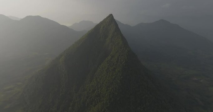 Aerial view of Cerro Tusa in misty clouds, Venecia, Antioquia, Colombia.