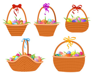 Cartoon Easter baskets with painted eggs. Easter celebration concept. Spring holiday chocolate eggs, wicker basket with painted colorful eggs. Vector illustration EPS10