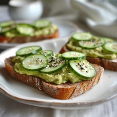 smashed avocado paste on rye bread served with slices of cucumber for taste and garnished with sesame seeds