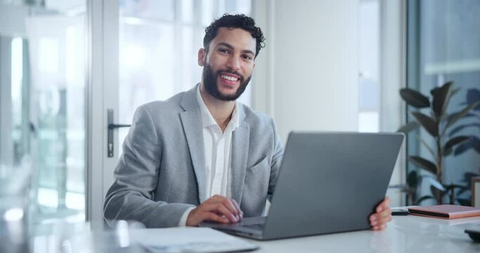 Corporate, finance and man in portrait in office with laptop, typing and document as accountant for company, bank or business. Male person, broker and advisor at workplace with tech, pride and smile