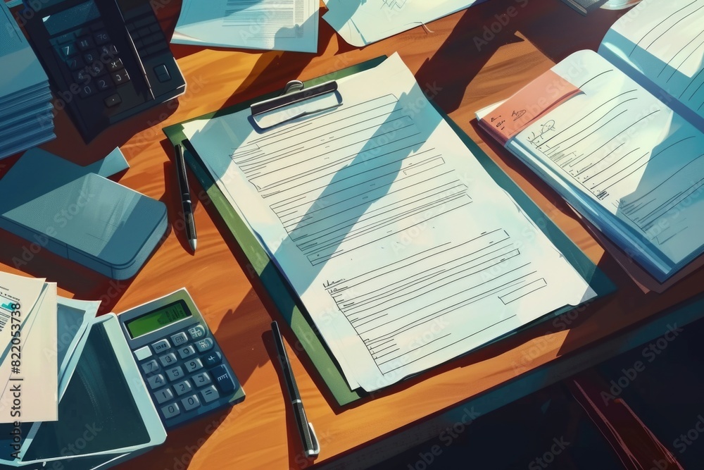 Poster a cluttered wooden table with papers and a calculator. suitable for business and finance concepts