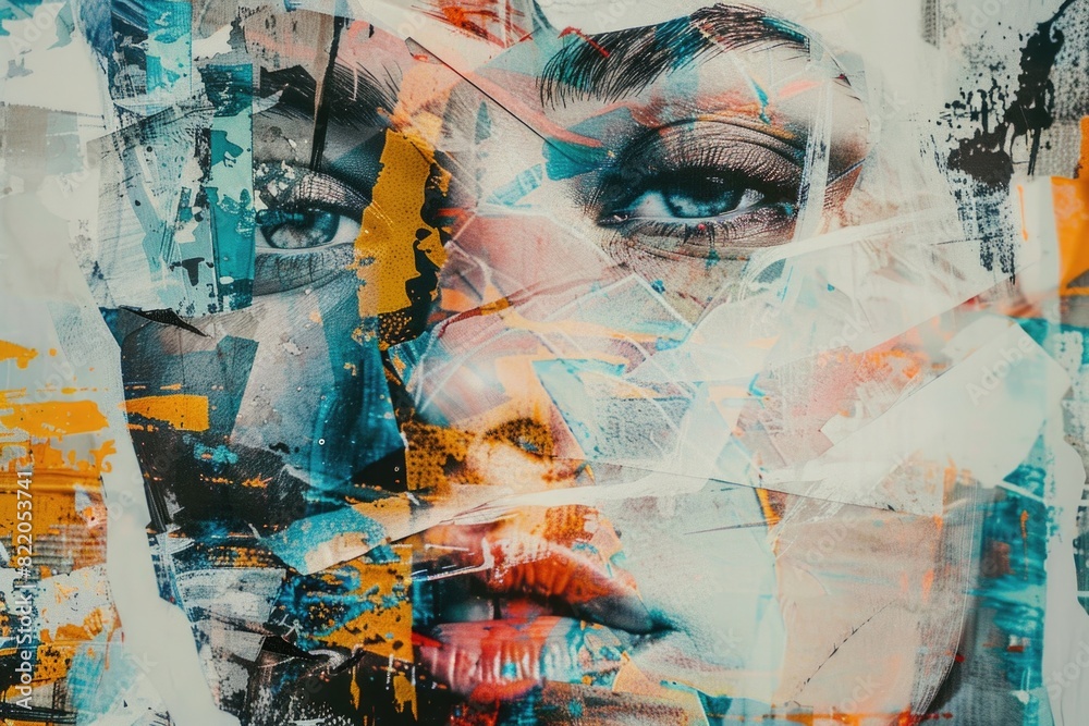 Poster a unique collage of a woman's face made with torn pieces of paper. suitable for various design proje