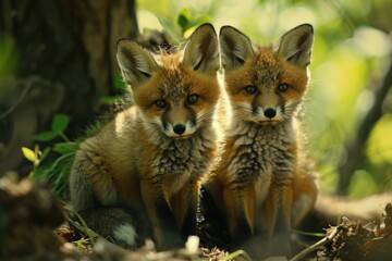 Two cute foxes sitting side by side. Perfect for nature and wildlife themes