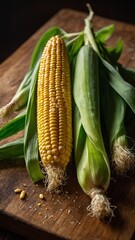 Fresh ear of corn rests on wooden surface, with husk partially peeled back to reveal vibrant yellow kernels. Lighting in scene enhances textures, from plump kernels to wispy silk, rough husk.