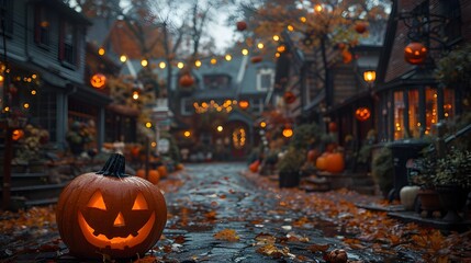 TrickorTreating through a Whimsical Neighborhood adorned with Festive Halloween