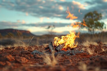 Obraz premium A campfire burning in a dry grass field. Perfect for outdoor and nature themes