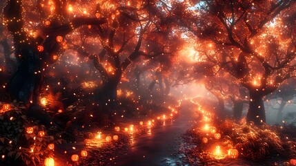Naklejka premium TrickorTreating through an Enchanted Forest A Magical Halloween Adventure