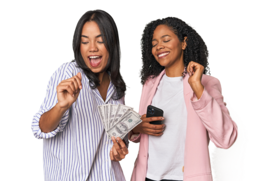 Latin businesswomen with money, phone dancing and having fun.