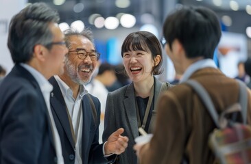 Asian people in business casual attire as they gather at an exhibition booth, relishing in each other's company after the fair.